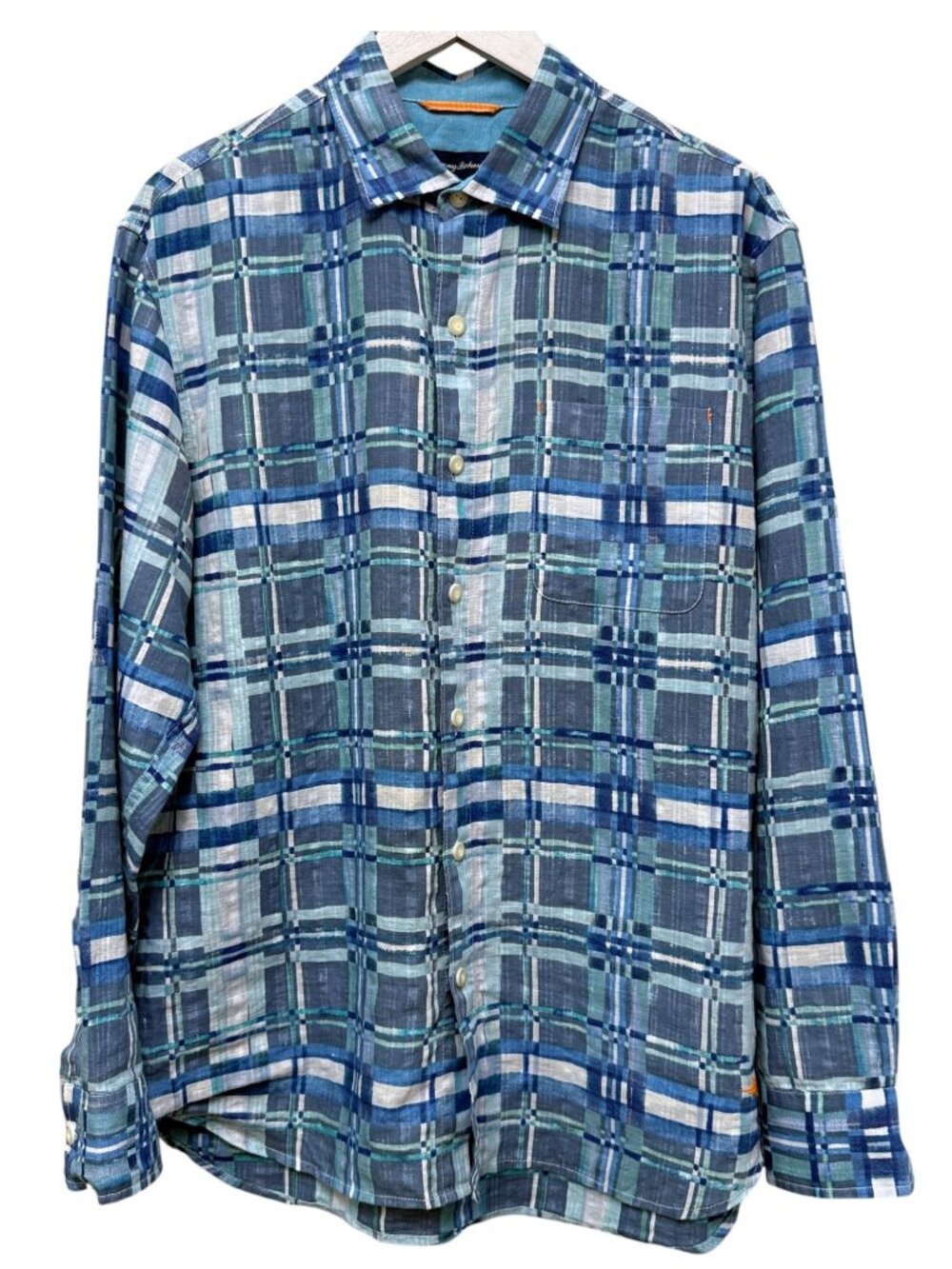 Tommy Bahama Linen Cotton Plaid Shirt Large Blue Long Sleeve Casual Mens Buttonu